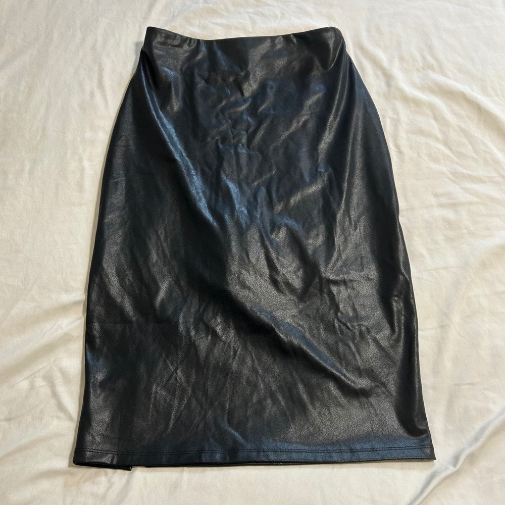 Popilush Black Faux Leather Midi Skirt with Built-in Shapewear Side Slit Large